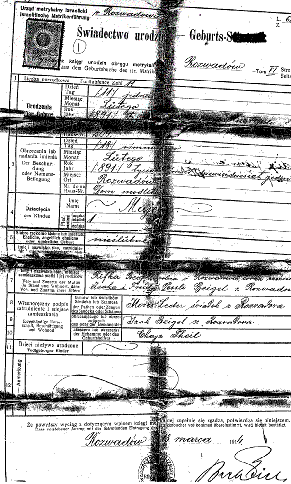 Birth Certificate of Mayer Katz from Rozwadow