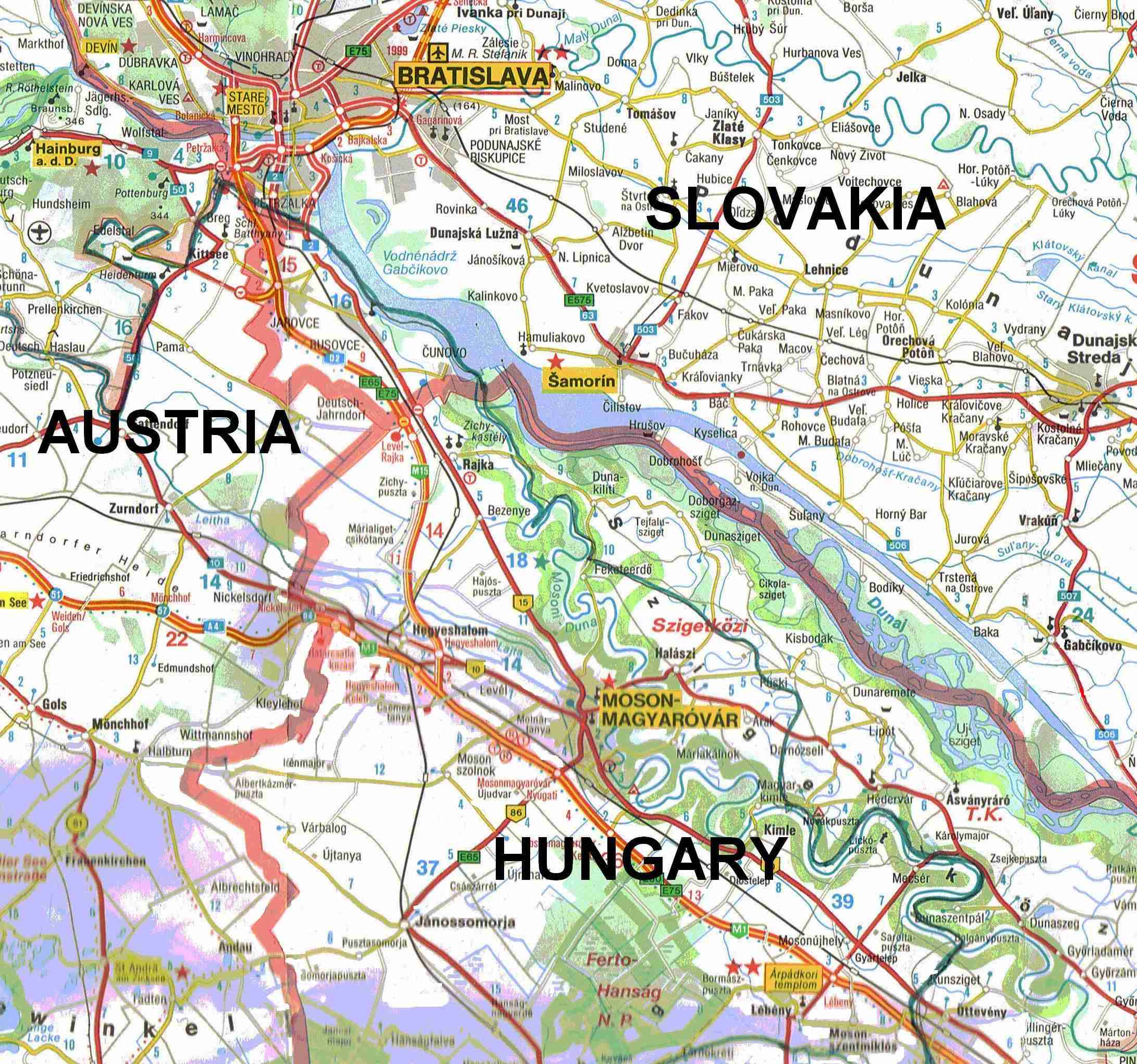 MOSONMAGYAROVAR AND VICINTY ON A CURRENT MAP